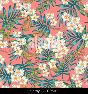 Colore corallo vivo e motivo senza cuciture turchesi con catene, lussuoso ed elegante motivo con splendori fiori tropicali alla moda degli anni '80 e foglie di palma Illustrazione Vettoriale