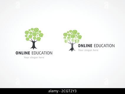 Online logo educativo mela albero crescente. E-mail arroba a Symbol. Internet scuola o segno vettore college. Crescita dell'apprendimento e delle tecnologie. Riassunto Illustrazione Vettoriale