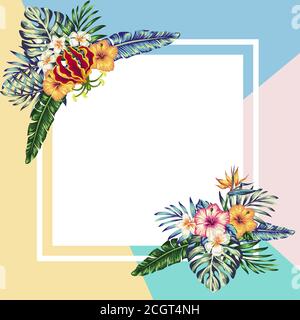 Cornice di fiori tropicali e foglie di palma per posti in reti sociali, luogo per foto e testo. Modelli modificabili per le storie dei social media. Illustrazione Vettoriale