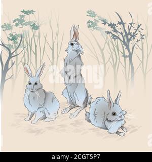 illustrazione l'arte di un disegno acquerello di tre conigli carini seduti su una superficie leggera morbida, disegnati a mano Illustrazione Vettoriale