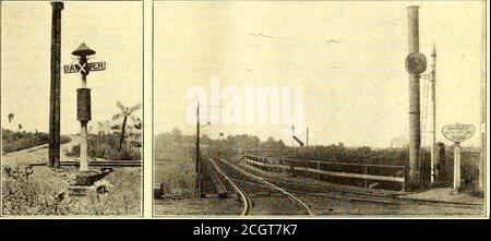 . Giornale ferroviario elettrico . di casi di problemi è stato fatto tenendo dopo i manutenzioni-ori e inviando relazioni comparative mensili toloro. Le linee telefoniche del sistema di trazione dell'Illinois-tem non hanno dispositivi di protezione o bobine di drenaggio, trasformatori isolanti, ecc., e l'interferenza è presa di semplicemente da transposizioni. Normalmente le linee sono buone e chiare nonostante il fatto che si sono arrecate sugli stessi poli e solo 30 piedi dalla linea di trasmissione a 33'000 volt. Le principali fonti di problemi sono dal carrello dove un pull-off comesloose e getta sopra il tele Foto Stock