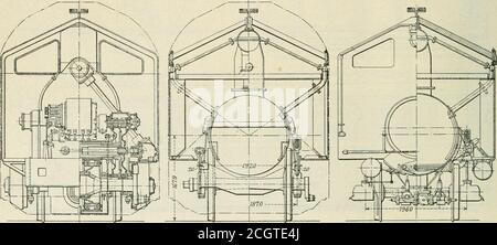 . Ingegnere meccanico ferroviario . SEZIONE G G. viste finali e sezioni della caldaia UnitSECTIONH.H. SEZIONE L.L. SEZIONE MM.. Viste di estremità e sezioni dell'unità di condensatore Ottobre 1922 INGEGNERE MECCANICO FERROVIARIO 561 che scende nel vano anteriore del fumetto, eportato avanti dove termina in un'apertura anulare ad asse orizzontale. Una ventola azionata da turbina è montata sulla parte anteriore della locomotiva con le pale della ventola vicine allapertura anulare alla pila e seres per aspirare i gasedal fumetto e forzarli attraverso la pila. Raffreddamento dei gas a 500 gradi. F. mentre passa Foto Stock