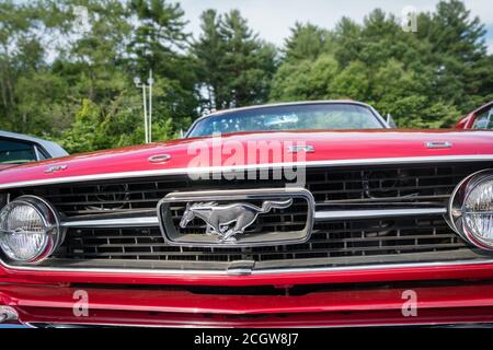Primo piano della parte anteriore di un'auto Mustang d'epoca di colore rosso brillante mostra il design del cavallo Foto Stock