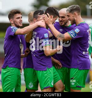 Cork, Irlanda. 12 settembre 2020. Neil Farrugia di Shamrock celebra il punteggio con i compagni di squadra durante la partita SSE Airtricity Premier Division tra Cork City FC e Shamrock Rover al Turner's Cross Stadium di Cork, Irlanda il 12 settembre 2020 (Foto di Andrew SURMA/SIPA USA) Credit: Sipa USA/Alamy Live News Foto Stock