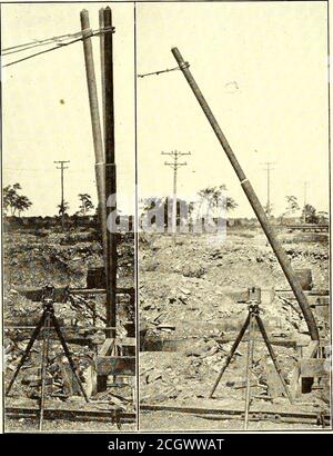 . Perno ferroviario elettrico . en tolto queste fasce in modo che un montaggio di guida sia ottenuto tra loro e il tubo da 8 in. Sono stati quindi condotti insieme e due perni in acciaio sono stati condotti attraverso il giunto. Una piccola quantità di cemento waspiazzata nello spazio anulare tra il tubo 6-in. E l'estremità del tubo 8-in., e questo è stato smussato via tomake esso impermeabile. Questo palo è stato poi testato. Era braced nel teorner di una vecchia fondazione di calcestruzzo in modo che le buttwas 5 ft. Sotto la superficie. Un cavo di filo era fissato a 18 poll. Dall'alto ed eseguito ad una distanza tale che il tiro era praticamente orizzontale. Foto Stock