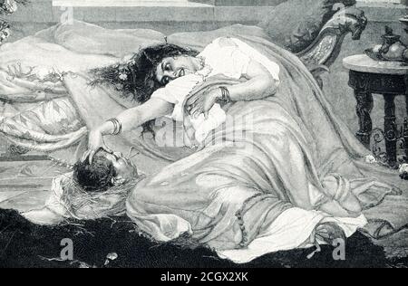 Questa illustrazione risale agli inizi del 1900. La didascalia recita: Fulvia con la testa di Cicerone. Fulvia era la moglie di Marco Antony ai suoi primi giorni. Dopo la morte di Cesare. Antony cercò di afferrare il potere assoluto, e Fulvia gli prestò la sua abile assistenza. Il suo principale avversario era l'oratore Cicerone, che riversò la prova selvaggia e ridiculò su Antony e la sua moglie malvagia. A lungo Antony ebbe la mano alta e Cicerone uccise. La testa dell'oratore è stata inviata come regalo più accettabile a Fulvia, e lo ha tormentato e ha bloccato le spine attraverso la lingua morta, gridando che qui era una risposta più nitida a tutti i suoi sha Foto Stock