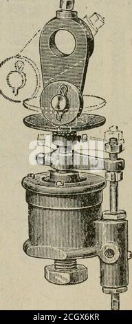 . Scienza delle ferrovie . Pia. 2.^suoneria campanello fte Sansom. Mostrare il meccanismo interno. 514 APPARECCHI LOCOMOTORI. Chiudere e la porta di ingresso a ojoen, forzando così il pistone verso l'alto, come descritto in precedenza.Fig. 2 è una vista trasparente del campanello, che mostra il funzionamento della valvola al suo interno. La variazione della corsa della suoneria è maderegolando i controdadi sull'asta di inversione. Per increspare la campana, sollevare la serie superiore di controdadi-; per diminuire il tiro, abbassarli. LA CAMPANA DELLA LOCOMOTIVA DI CHICAGO EINGER. La locomotiva di Chicago Bell Ringer, come mostrato in Fig. 1, è così quasi simile in o Foto Stock