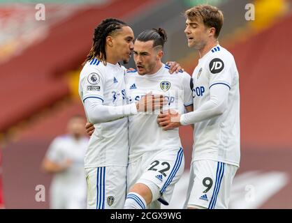 Liverpool. 13 Settembre 2020. Il Jack Harrison (C) di Leeds United celebra il punteggio con i compagni di squadra Helder Costa (L) e Patrick Bamford durante la partita della Premier League inglese tra il Liverpool FC e il Leeds United FC ad Anfield a Liverpool, Gran Bretagna, il 12 settembre 2020. Credit: Xinhua/Alamy Live News Foto Stock