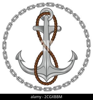 Illustrazione vettoriale dell'ancoraggio con corda circondata da catene, su sfondo bianco Illustrazione Vettoriale