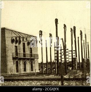 . Giornale ferroviario elettrico . Rochester Power Plants - interno della sottostazione n° 33, che mostra trasformatori e BusConstruction ad alta tensione vicino al soffitto è anche inviato a Siracusa. Da Mortimer l'energia viene portata su due linee di trasmissione separate verso la stazione a cui si fa riferimento, La 33 stazione di Niagara, Lockport & Ontario Companys è situata a circa 4 miglia fuori città e a 40-ft.to 50-ft.tower in acciaio e cavi in alluminio corrono su un privateright of Way adiacente alle piste della Lehigh Valley Railroad, tra entrambe le stazioni. La linea di trasmissione carrie Foto Stock