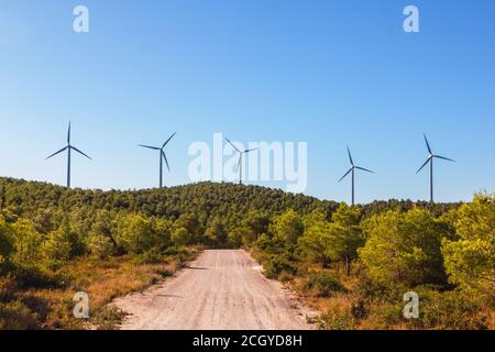 Foto d'inventario di un sentiero di montagna circondato da alberi e da alcuni mulini a vento sullo sfondo in una giornata di sole. Azienda eolica. Foto Stock