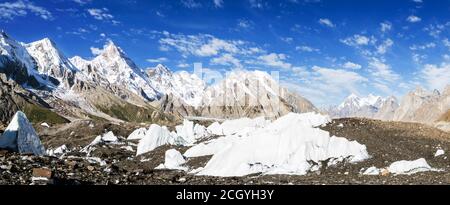 Panorama di Masherbrum (K1), Mandu Peaks e Urdukas Peaks, ghiacciaio Baltoro, Karakoram, Pakistan Foto Stock