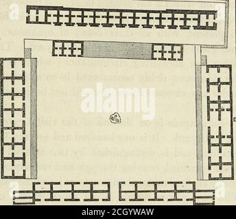 . Incidenti di viaggio in America Centrale, Chiapas e Yucatan. Il drangle è lungo centocinquantotto metri; quello a sinistra è lungo centosettantatre metri, e la distanza opposta o alla fine del quadrangolare misura duecentosessantaquattro piedi. Queste tre gamme di edifici non hanno porte-vie all'esterno, ma l'esterno di ciascuno è un muro morto, e sopra il cornicione tutti sono ornamentedcon la stessa scultura ricca ed elaborata. All'esterno della gamma di ultimo citato, i designsare semplici, e tra di essi sono due rude, nakedfigures, che sono stati considerati come indica Foto Stock