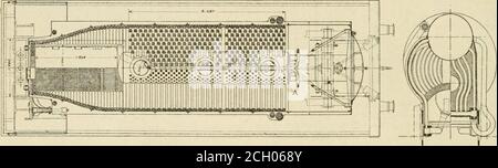 . Ingegnere americano e giornale ferroviario . SEZIONE LONGITUDINALE. SEZIONE IN CORRISPONDENZA DEL CARRELLO E DELLA CALDAIA. GUIDA AXLK. SCHEMA DI SEZIONE. LOCOMOTIVA A TUBO D'ACQUA BOrLEB- SEZIONE SEZIONE ANTERIORE i>F FIREBOX, DIETRO LA LINEA FIREBOX.PABIS, LYONS .v MEDITERRANEAN. I tubi di circolazione a tamburo inferiore si collegano con testate al livello delle griglie. Questi collettori sono collegati con il tamburo superiore da una serie di tubi posti vicino insieme e formando il guscio interno del focolare, i tubi beingi con una sottile piastra di acciaio come busta esterna.secondo un articolo descrittivo di MR. Sausoll in theGener Foto Stock