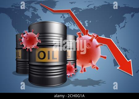 Il crollo del mercato e della borsa a causa del coronavirus covid-19. Collage da barili di petrolio e cellule di coronavirus su backgr mappa del mondo Foto Stock
