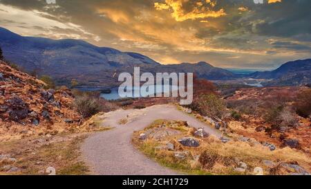Vista panoramica di Gap of Dunloe, County Kerry, Irlanda. Foto Stock