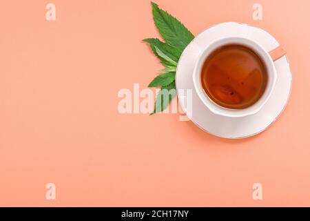 Tazza bianca di tè e piattino con foglie di menta su sfondo luminoso. Tè nero con menta. Vista dall'alto. Foto Stock