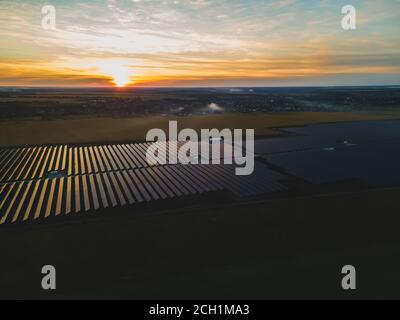 Vista aerea del drone in grandi pannelli solari in una fattoria solare in un grande campo in campagna al tramonto luminoso. Centrali elettriche a celle solari, foto colorata Foto Stock