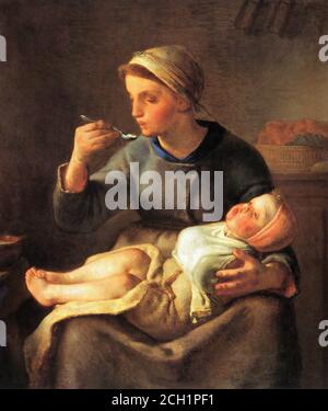 Millet Jean-François - Madre che alimenta il suo bambino - Scuola di francese - 19 e inizio del 20 ° secolo Foto Stock