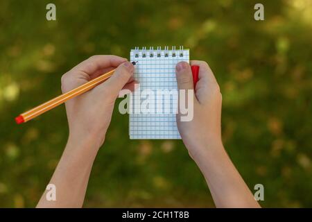 I bambini tengono la penna e il blocco note a spirale come mockup per il design. All'aperto. Prendere nota Foto Stock