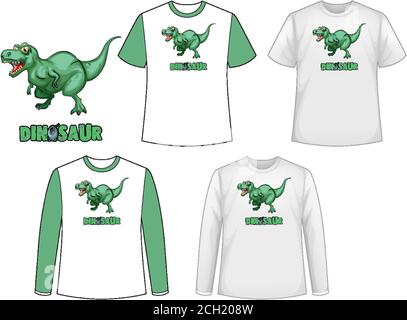 Set di diversi tipi di camicia in tema dinosauro con illustrazione del logo dei dinosauri Illustrazione Vettoriale