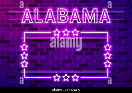 Alabama US state incandescente viola neon scritta e una cornice rettangolare con stelle. Illustrazione vettoriale realistica. Muro di mattoni viola, bagliore violetto, meta Illustrazione Vettoriale