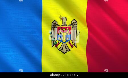 La bandiera sventolante della Moldavia. Illustrazione 3D di alta qualità. Perfetto per notizie, reportage, eventi. Foto Stock