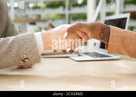 Handshake di giovani partner interculturali di affari sopra il tavolo dopo fare affare Foto Stock