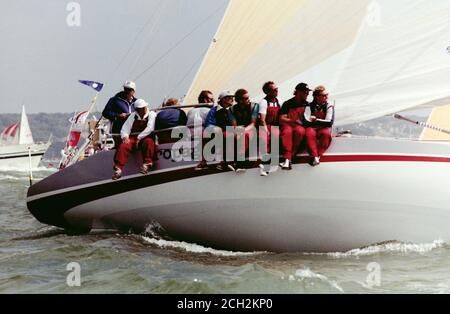 AJAXNETPHOTO. 31 LUGLIO 1987. SOLENT, INGHILTERRA. - ADMIRAL'S CUP 1987 - INIZIO GARA CANALE. PROPAGANDA DI YACHT A SQUADRE NEOZELANDESI; SKIPPER BEVAN WOOLEY. FOTO : JONATHAN EASTLAND / AJAX REF:ADC CR87 56 Foto Stock