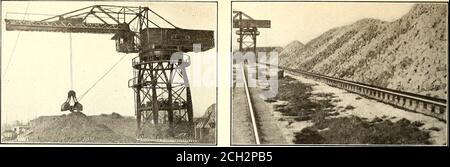 . Giornale ferroviario elettrico . DEPOSITO CLEVELAND - FIG. 6-PALO PER TROLLEY IN CEMENTO, UNITÀ DI ILLUMINAZIONE PER CANTIERE E ASTA MANUALE PER TROLLEY SUPPLEMENTARE; FIG. VISTA GENERALE DALL'EDIFICIO DEGLI UFFICI LUNGO LA PISTA A SCALA ANTERIORE 338 ELECTRIC RAILWAY JOURNAL [VOL XIX, n. 8. CLEVELAND DEPOSITO CORTILE MAIALE. 8 GRU A CAVALLETTO PER GRANDI MAGAZZINI CLEVELAND - FIG. 9 – BLOCCO DI PAVIMENTAZIONE IN GIACENZA LUNGO LA PISTA DI GRU A PORTALE due binari attraverso il cantiere, binari 7 e 10, che devono essere utilizzati per il principale attraverso il movimento, areequipaggiato con il carrello a soffitto. L'equilibrio del cantiere è privo di pali e fili per dare libero uso di theva Foto Stock