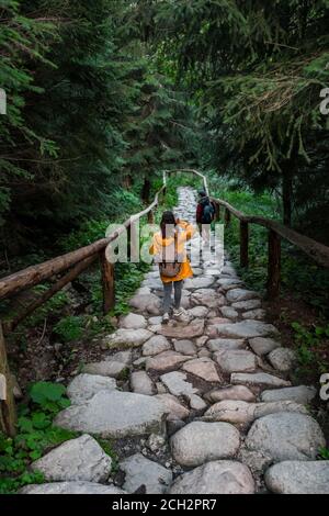 Gli escursionisti a piedi dal sentiero di pietra nella foresta Foto Stock