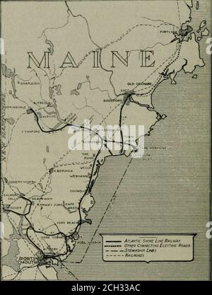 . Rassegna ferroviaria elettrica . tweenPortsmouth e Kennebunk. Il potere è garantito da una varietà di«rces, controllata dalla società o da A. H. Bickmore& Co., banchieri, New York City, il principale interesse a controllare la strada. I lavori di costruzione della nuova linea tra YorkBeach e Kennebunk sono di eccellente e sostanziale caratteristica, ed è progettato per il funzionamento ad alta velocità. La linea corre per una parte maggiore della distanza sulla destra privata di modo, 66piedi 8 pollici di larghezza, che inizia ad un punto tra YorkBeach e Cape Neddick. La strada ritorna necessariamente al lato dell'autostrada a Ogunqu Foto Stock