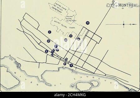 . La ferrovia di strada revisione. Di fronte a un villaggio indiano per prendere a bordo vecchio pilota indiano dipinto per mostrare i suoi bei sguardi, whocame dalla riva in una canoa. Quando afferrò la ruota, l'ingegnere fu dato il segnale di partenza e il thsteamer procedeva, mentre i passeggeri trattenevano il theirbreath, sconvolto dal pensiero di colpire una roccia, che 11. Montreal College. 12. Università McGiU. 13. Royal Victoria Hospital.14 Hotel Dieu Hospital. 15- campi di esposizione. Temporary Power House, Montreal Parkand Island Road, GFMDNfgEAL-. Significava morte sicura. Dalla morte dei vecchi indiani, il ratto pilotor Foto Stock