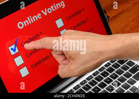 Persona che vota sul computer tramite Internet con testo votazione online Foto Stock