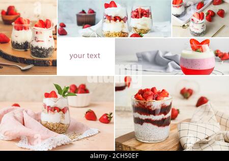 Collage di foto con gustosi dessert alla fragola e spazio per testo Foto Stock