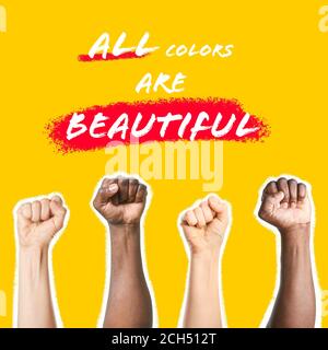 Mano di persone diverse con pugni clenched su sfondo a colori. Fermare il razzismo Foto Stock
