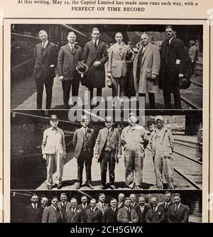 . Rivista dei dipendenti di Baltimora e Ohio . ALLA PRIMA CORSA DEL CAPITOL LIMITED, IN DIREZIONE EST (leggere da sinistra a destra). Brakeman Arnold e l'ispettore dell'automobile Dailey a Willard. 2. Ingegnere Leek e Fireman Smith a Garrett. 3. Road Foreman of Engines Bergand Trainmaster Downs at Callery, Pa. 4. Ingegnere Murphy, Fireman Suttin, direttore Stouffer, Brakeman Conwell e Baggageman Judd a LaughnJunction 5. Il barbiere del treno, R. Hackel i6 Baltimora e Ohio Magazine. Maggio, iq2J. Foto Stock