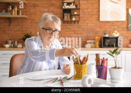 Donna anziana colorare immagine in cucina Foto Stock