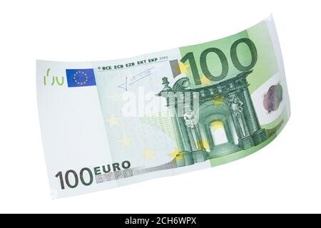 Banconota da cento euro su sfondo bianco. Foto Stock