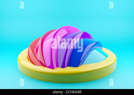 Illustrazione 3D forma geometrica multicolore insolita su sfondo blu. Primo piano di una scena non standard simile alla parte posteriore di un armadillo Foto Stock