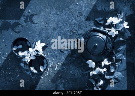 Teiera in ceramica nera e tazza con tè caldo decorata da rami di mela fiorito primavera su fondo rustico di ferro di tessitura scura. . Colore dell'anno 2 Foto Stock