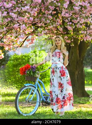 Giro romantico in bicicletta. Vacanze di primavera. Concetto di turismo. Trasporto e viaggio. Stagione Sakura. Donna con bouquet di tulipani. Sakura albero in fiore. Ragazza lungo abito retro Cruiser bicicletta sakura albero. Foto Stock