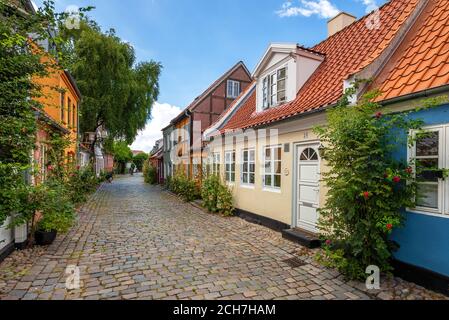 Aarhus, Danimarca - antichi cottage colorati su una strada tranquilla ad Aarhus, Danimarca Foto Stock