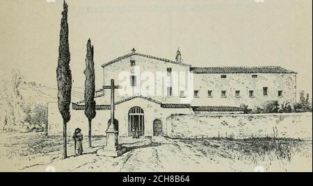 . La casas de religiosos en Cataluña durante el primer tercio del siglo 19 . CONVENTO DE CAPUCHINOS DE CALELLA. 1899 (Fotografía del autor CAPUCHINOS 351 tantos compartimientos cuantos eran lospares de las capillas, y adornadas con ungran luneto en cada lado. Cada lunetocobijaba una ventana abierta ó tapiada,Las bóvedas apoyaban sobre la cornisaque rodeaba toda la navata centrale. Las bóvedasde las capillas presentaban la forma dearista cruzada. Ni por asomo en estostemplos se veía triforium ó tribunas.Todo en ellos estabda construido de mani-postería revocada y blanqueada. A cada en la cara que mira al Foto Stock