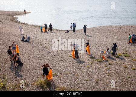 Il giorno di pulizia internazionale del Reno, il 12 settembre, 2020 volontari raccolgono i rifiuti lungo le rive del Reno. A Colonia l'associazione K.R.A Foto Stock