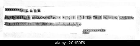 Un comunicato stampa della Reuters-Press Association sulle forze anglo-americane che iniziano le operazioni di sbarco sulla penisola di Cherbourg. Gli sbarchi in Normandia (D-Day) dell'invasione alleata della Normandia in operazione Overlord durante la seconda guerra mondiale miravano a liberare l'Europa nord-occidentale occupata dalla Germania dal controllo nazista. Foto Stock