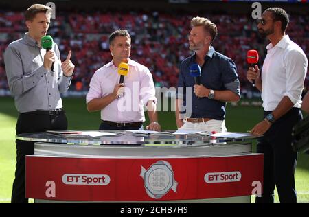 BT Sport TV presentatori e esperti (sinistra-destra) Jake Humphrey, Michael Owen, Robbie Savage e Rio Ferdinand. Foto Stock