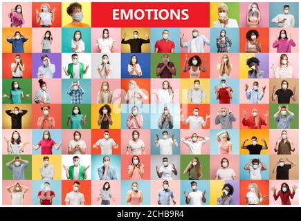 Il collage di persone stupite in maschere di faccia su sfondi multicolore. Uomini e donne felici. Emozioni umane, espressione facciale, concetto di sicurezza. Collage di espressioni facciali, emozioni, sentimenti Foto Stock