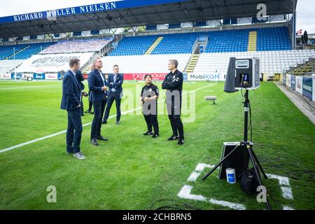 Odense, Danimarca. 13 Settembre 2020. I monitor VAR sono pronti per la partita 3F Superliga tra OB e FC Copenhagen al Nature Energy Park di Odense. (Photo Credit: Gonzales Photo/Alamy Live News Foto Stock