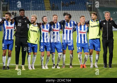 Odense, Danimarca. 13 Settembre 2020. I giocatori di Odense Boldklub celebrano la vittoria dopo la partita 3F Superliga tra OB e FC Copenhagen al Nature Energy Park di Odense. (Photo Credit: Gonzales Photo/Alamy Live News Foto Stock